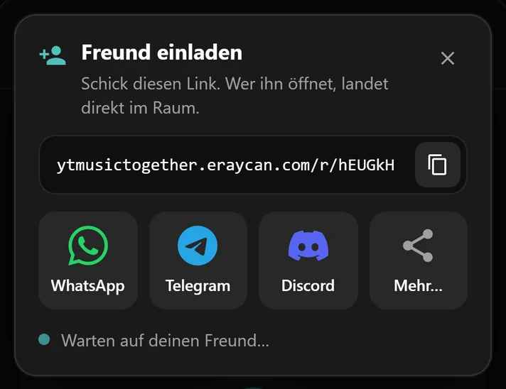 Das Einladungsfenster mit dem Raumlink und Buttons für WhatsApp, Telegram und Discord