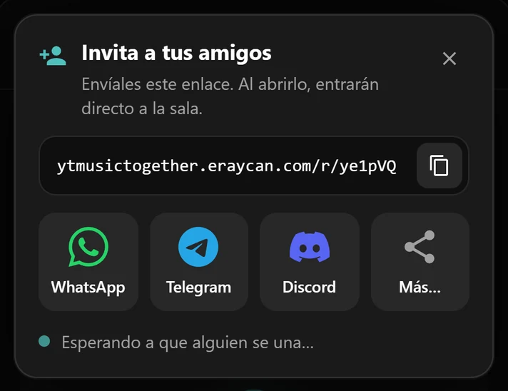 La ventana de invitación con el enlace de la sala y los botones de WhatsApp, Telegram y Discord