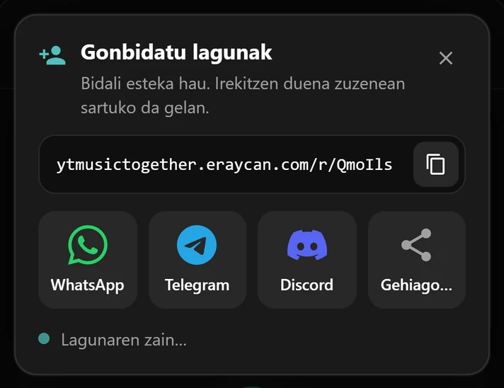 Gonbidapen-leihoa, gelaren estekarekin eta WhatsApp, Telegram eta Discord botoiekin