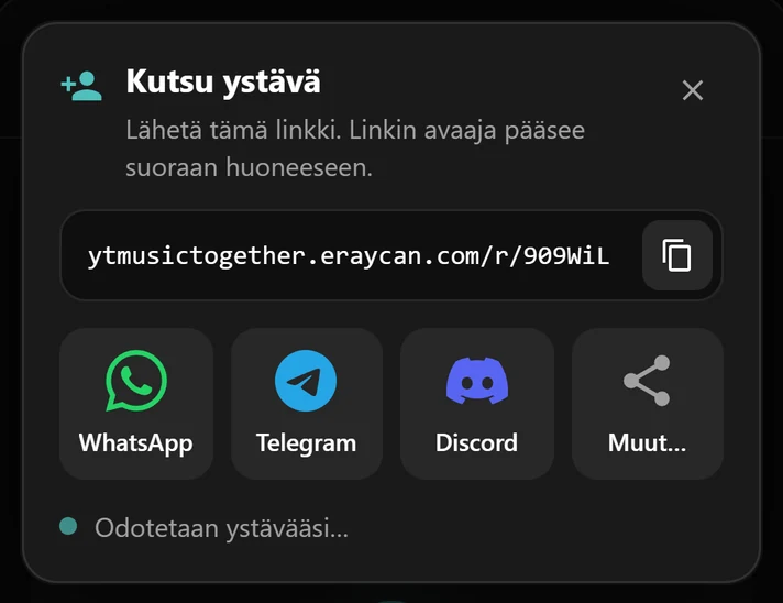 Kutsuikkuna, jossa näkyvät huoneen linkki sekä WhatsApp-, Telegram- ja Discord-painikkeet