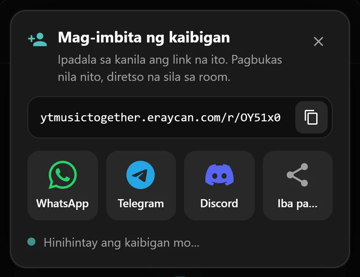 Ang window ng imbitasyon na may link ng room at mga button ng WhatsApp, Telegram at Discord