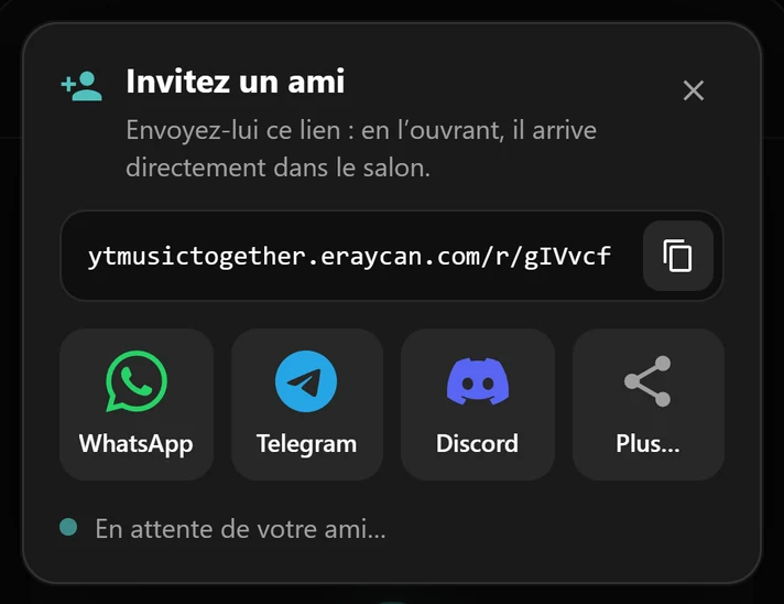 La fenêtre d’invitation avec le lien du salon et les boutons WhatsApp, Telegram et Discord