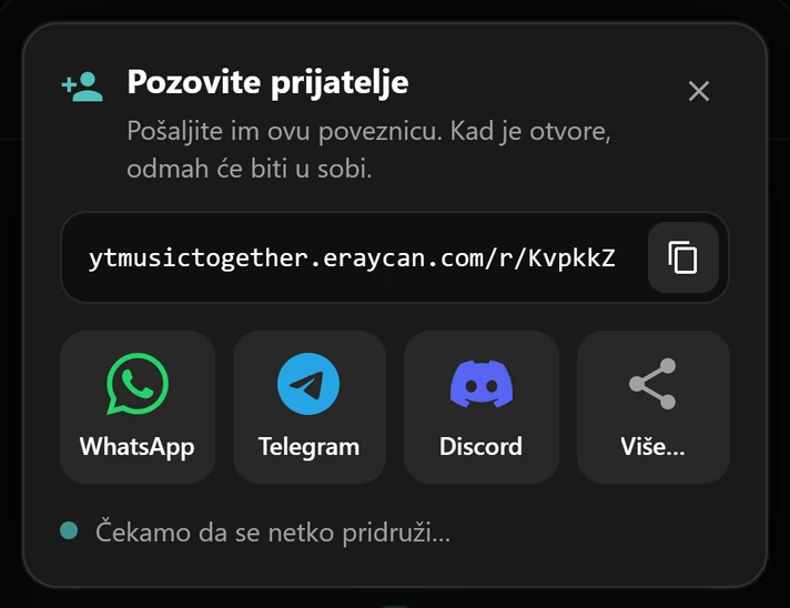 Prozor pozivnice s poveznicom sobe i gumbima za WhatsApp, Telegram i Discord
