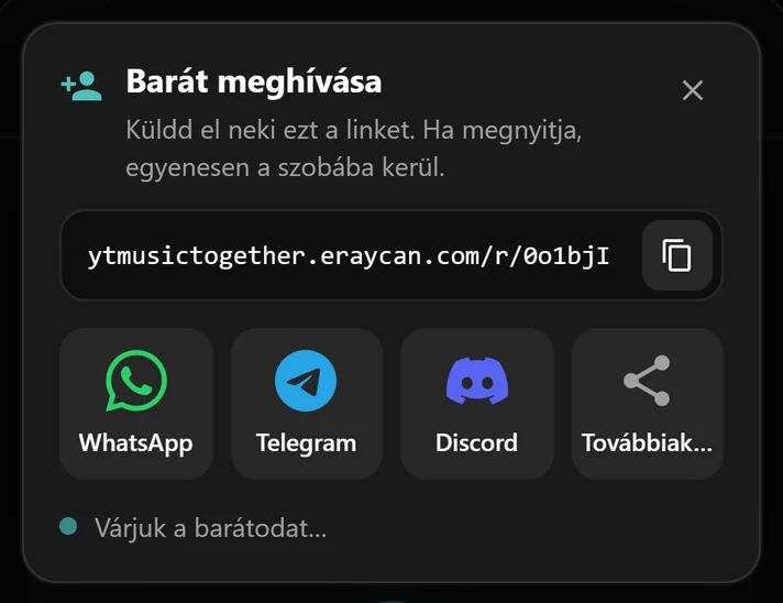 A meghívó ablak a szoba linkjével, valamint WhatsApp-, Telegram- és Discord-gombokkal
