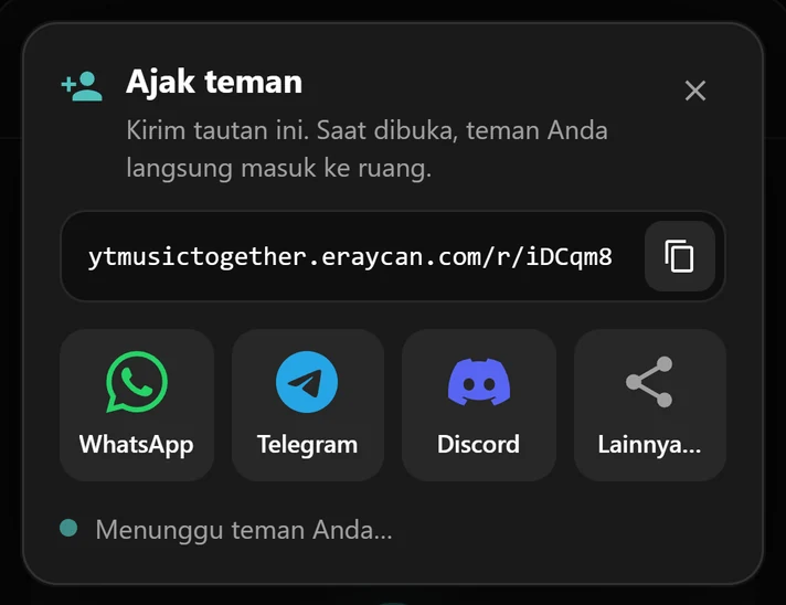 Jendela undangan dengan link ruang dan tombol WhatsApp, Telegram, dan Discord