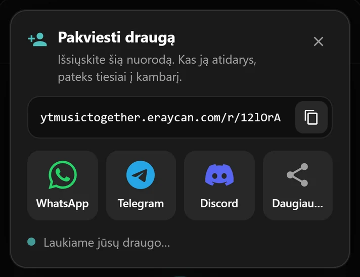 Kvietimo langas su kambario nuoroda ir „WhatsApp“, „Telegram“ bei „Discord“ mygtukais