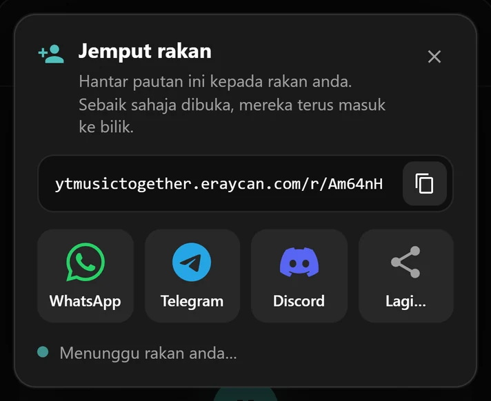 Tetingkap jemputan dengan pautan bilik dan butang WhatsApp, Telegram serta Discord