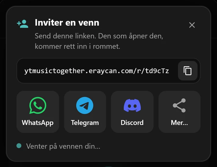 Invitasjonsvinduet med romlinken og knapper for WhatsApp, Telegram og Discord