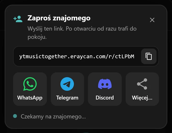 Okno zaproszenia z linkiem do pokoju i przyciskami WhatsApp, Telegram i Discord