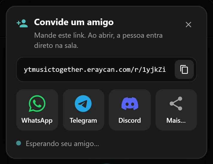 A janela de convite com o link da sala e botões de WhatsApp, Telegram e Discord