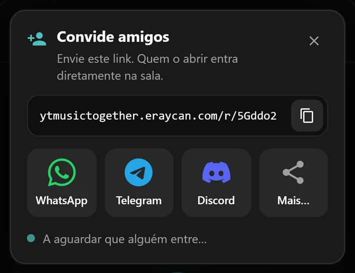 A janela de convite com o link da sala e os botões de WhatsApp, Telegram e Discord