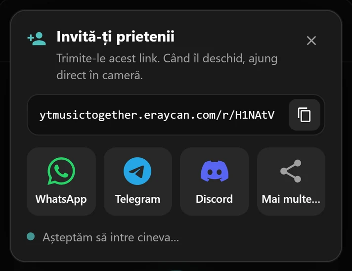 Fereastra de invitație cu linkul camerei și butoanele WhatsApp, Telegram și Discord
