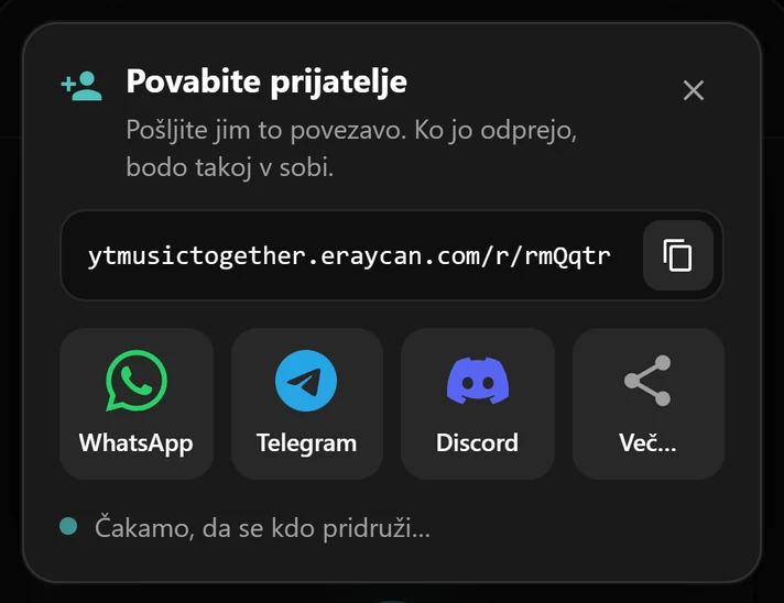 Okno za povabilo s povezavo do sobe in gumbi za WhatsApp, Telegram in Discord