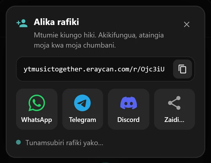 Dirisha la mwaliko lenye kiungo cha chumba na vitufe vya WhatsApp, Telegram na Discord