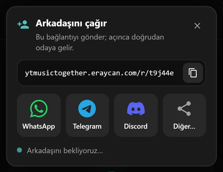 Oda bağlantısı ve WhatsApp, Telegram, Discord düğmeleriyle davet penceresi