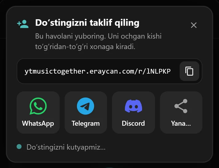 Xona havolasi hamda WhatsApp, Telegram va Discord tugmalari bor taklif oynasi