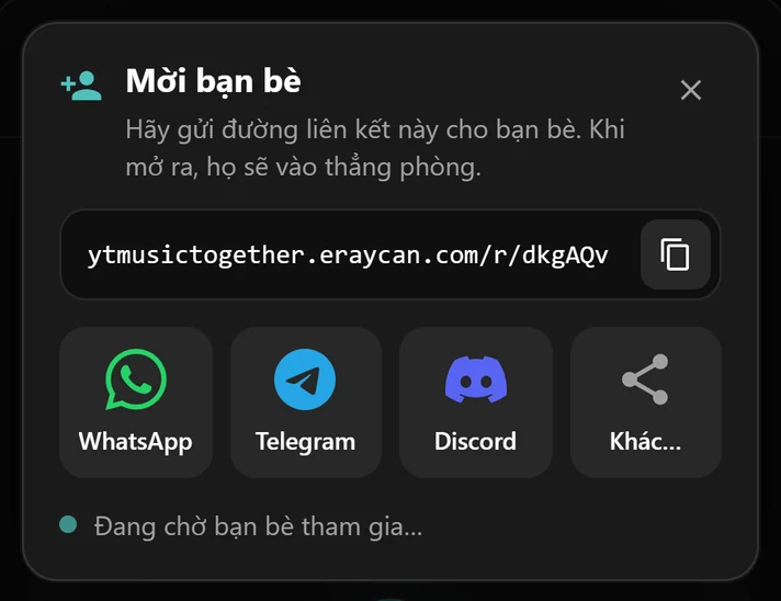 Cửa sổ mời với đường liên kết của phòng và các nút WhatsApp, Telegram, Discord