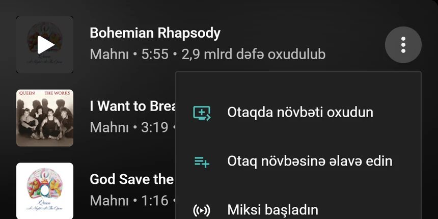 Otaqda növbəti oxudun və Otaq növbəsinə əlavə edin bəndləri olan YouTube Music mahnı menyusu