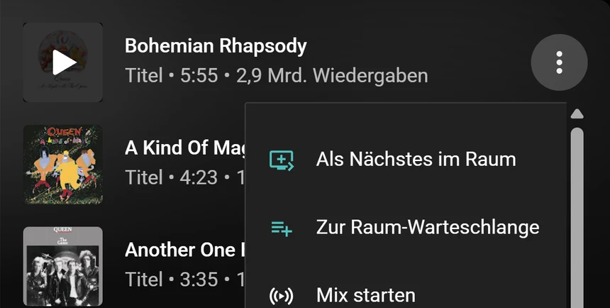 Ein YouTube-Music-Songmenü mit den Optionen Als Nächstes im Raum und Zur Raum-Warteschlange