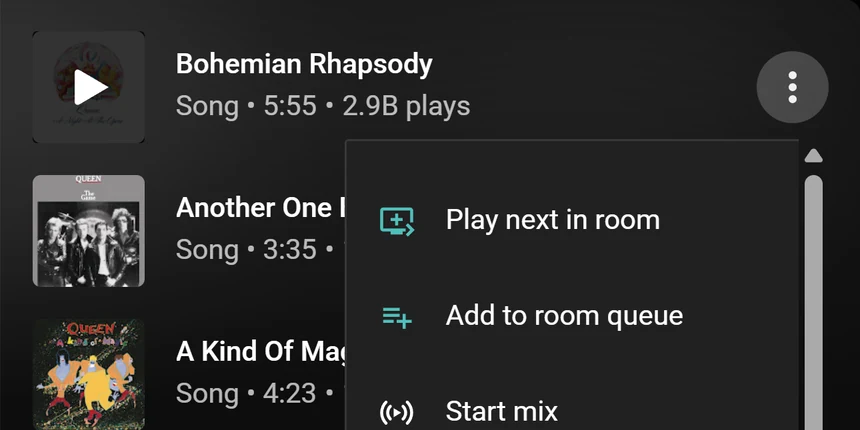 A YouTube Music song menu with the Play next in room and Add to room queue options