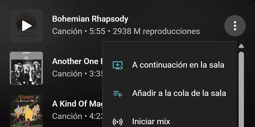 Un menú de canción de YouTube Music con las opciones A continuación en la sala y Añadir a la cola de la sala