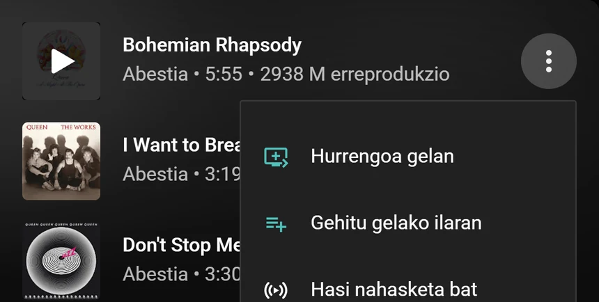 YouTube Music-eko abesti-menu bat, Hurrengoa gelan eta Gehitu gelako ilaran aukerekin