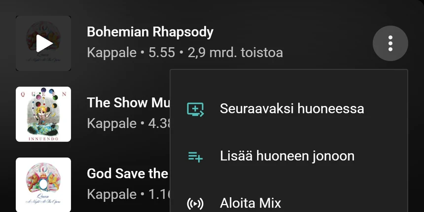 YouTube Musicin kappalevalikko, jossa ovat vaihtoehdot ”Seuraavaksi huoneessa” ja ”Lisää huoneen jonoon”