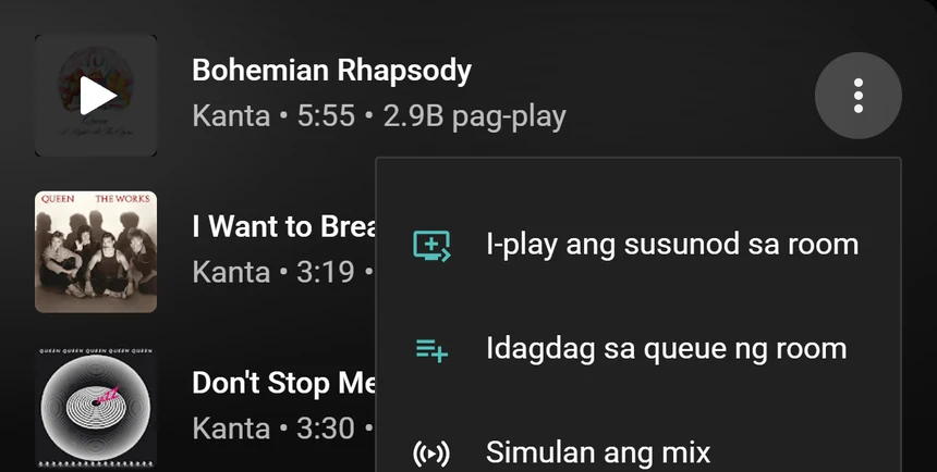Isang menu ng kanta sa YouTube Music na may mga opsyong I-play ang susunod sa room at Idagdag sa queue ng room