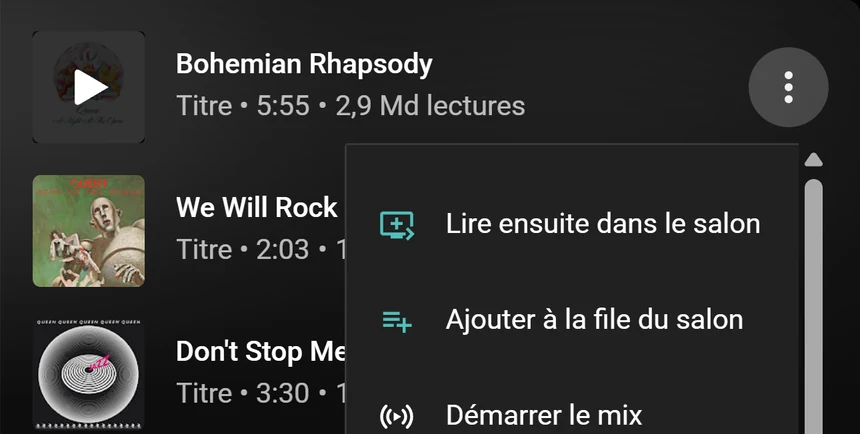 Un menu de chanson YouTube Music avec les options Lire ensuite dans le salon et Ajouter à la file du salon