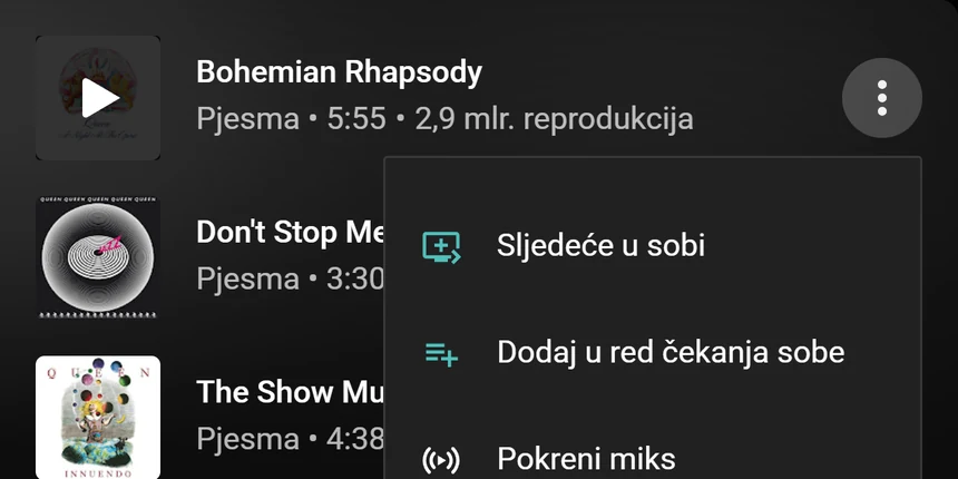 Izbornik pjesme na stranici YouTube Music s opcijama Sljedeće u sobi i Dodaj u red čekanja sobe