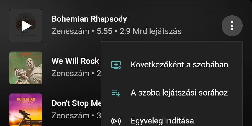 Dalmenü a YouTube Music oldalán ezekkel a lehetőségekkel: Következőként a szobában és A szoba lejátszási sorához
