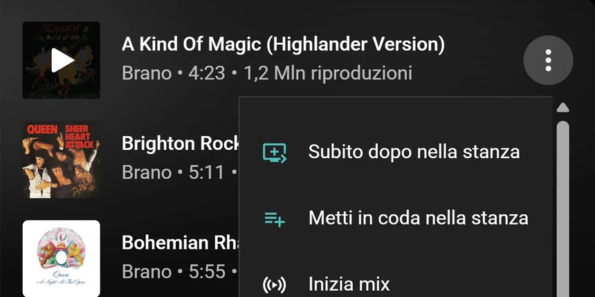 Un menu di brano di YouTube Music con le opzioni Subito dopo nella stanza e Metti in coda nella stanza