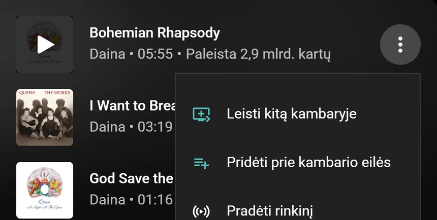 „YouTube Music“ dainos meniu su parinktimis Leisti kitą kambaryje ir Pridėti prie kambario eilės