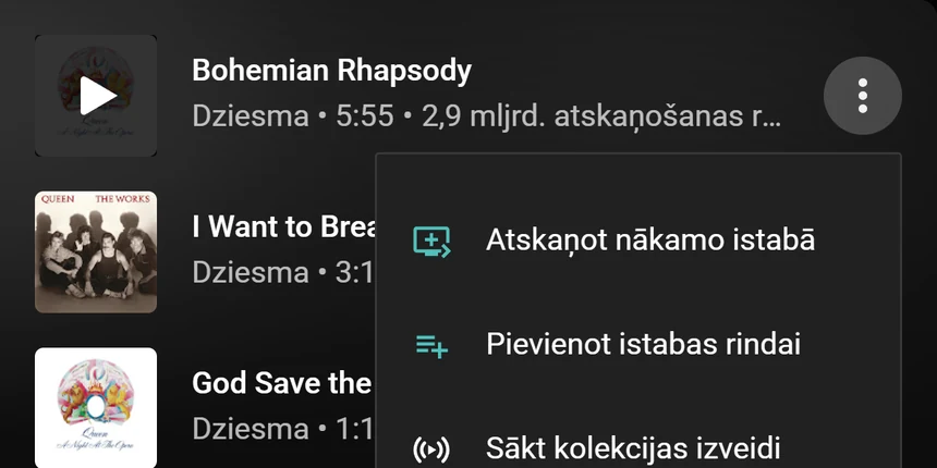 YouTube Music dziesmas izvēlne ar opcijām Atskaņot nākamo istabā un Pievienot istabas rindai