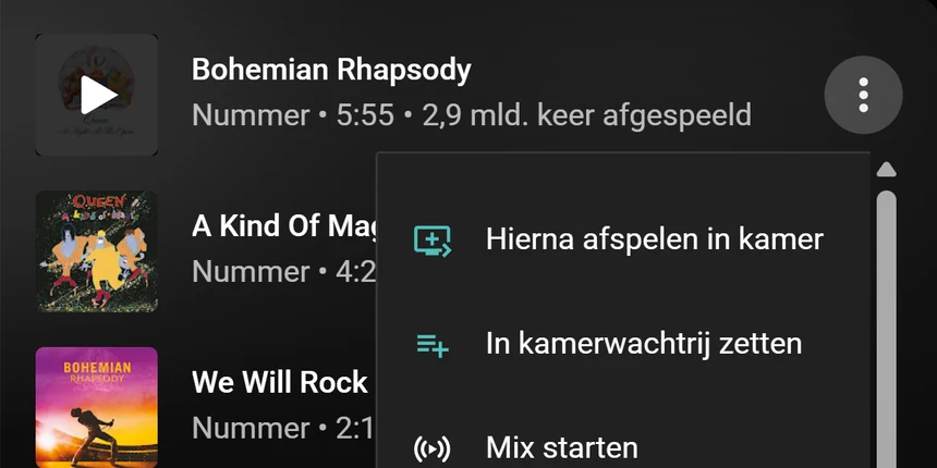 Een YouTube Music-nummermenu met de opties Hierna afspelen in kamer en In kamerwachtrij zetten