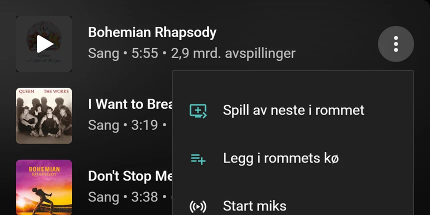 En sangmeny i YouTube Music med valgene «Spill av neste i rommet» og «Legg i rommets kø»