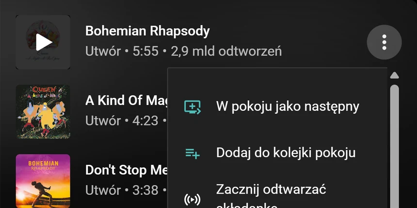 Menu utworu w YouTube Music z opcjami W pokoju jako następny i Dodaj do kolejki pokoju