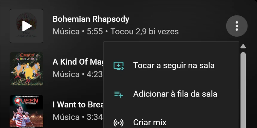 Um menu de música do YouTube Music com as opções Tocar a seguir na sala e Adicionar à fila da sala