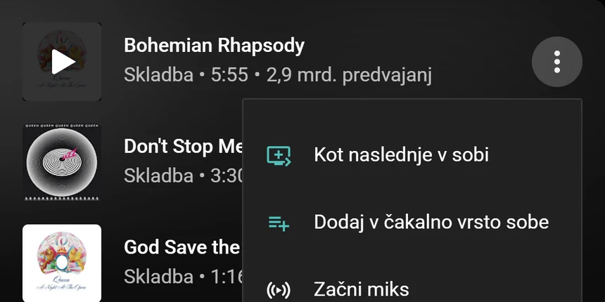 Meni skladbe v YouTube Music z možnostma Kot naslednje v sobi in Dodaj v čakalno vrsto sobe
