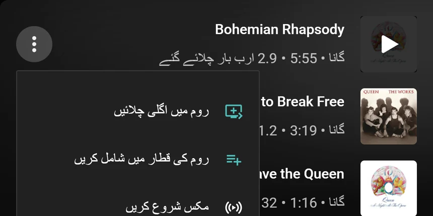"روم میں اگلی چلائیں" اور "روم کی قطار میں شامل کریں" کے اختیارات والا YouTube Music کا گانے کا مینو
