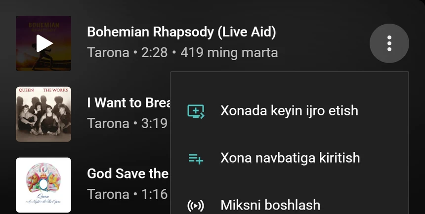 Xonada keyin ijro etish va Xona navbatiga kiritish bandlari bor YouTube Music tarona menyusi