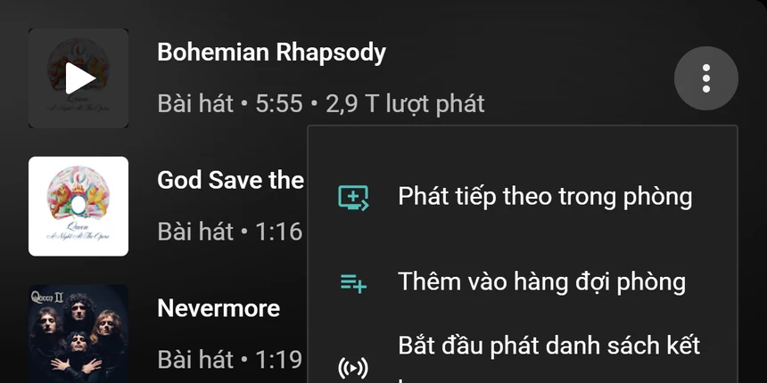 Trình đơn bài hát của YouTube Music với các tùy chọn Phát tiếp theo trong phòng và Thêm vào hàng đợi phòng