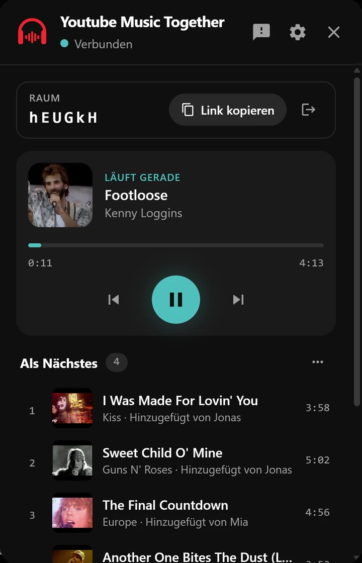 Das Raumpanel mit dem laufenden Song und der Warteschlange