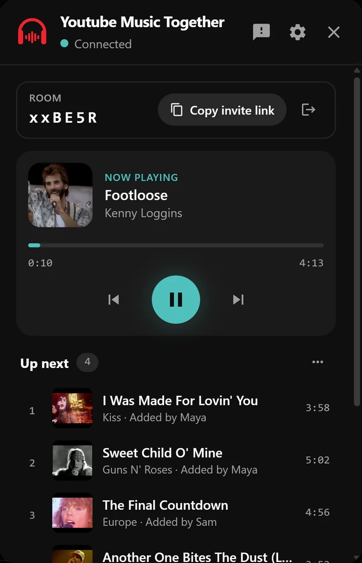 The room panel showing the song that is playing and the queue