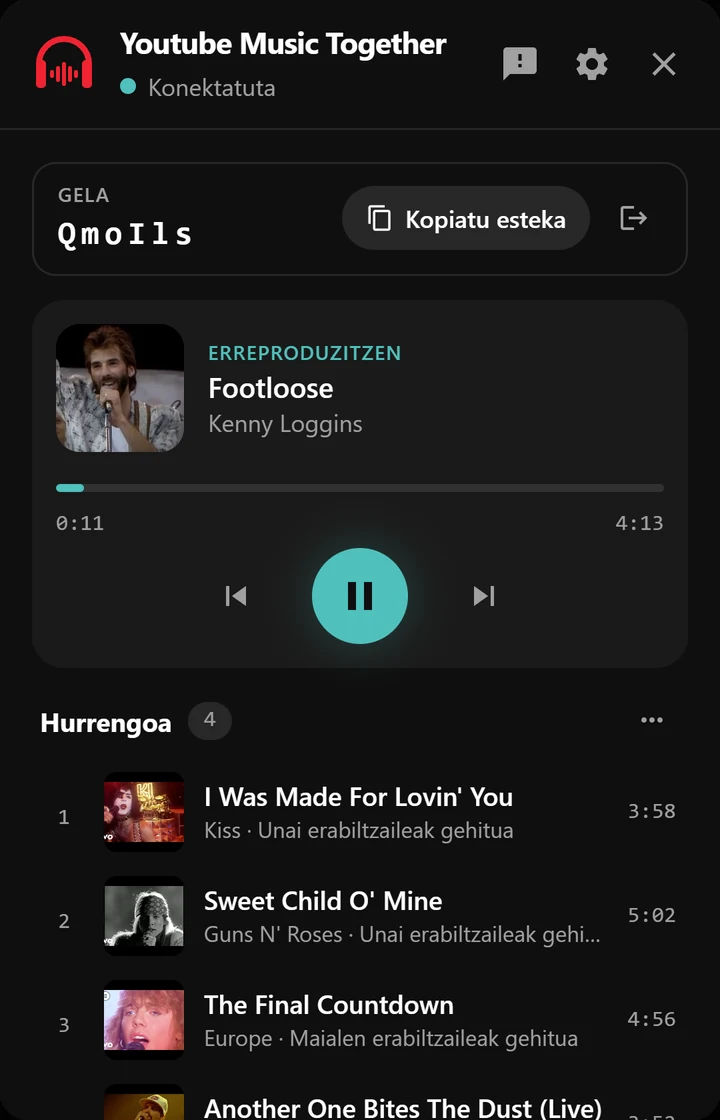 Gelaren panela, erreproduzitzen ari den abestiarekin eta ilararekin